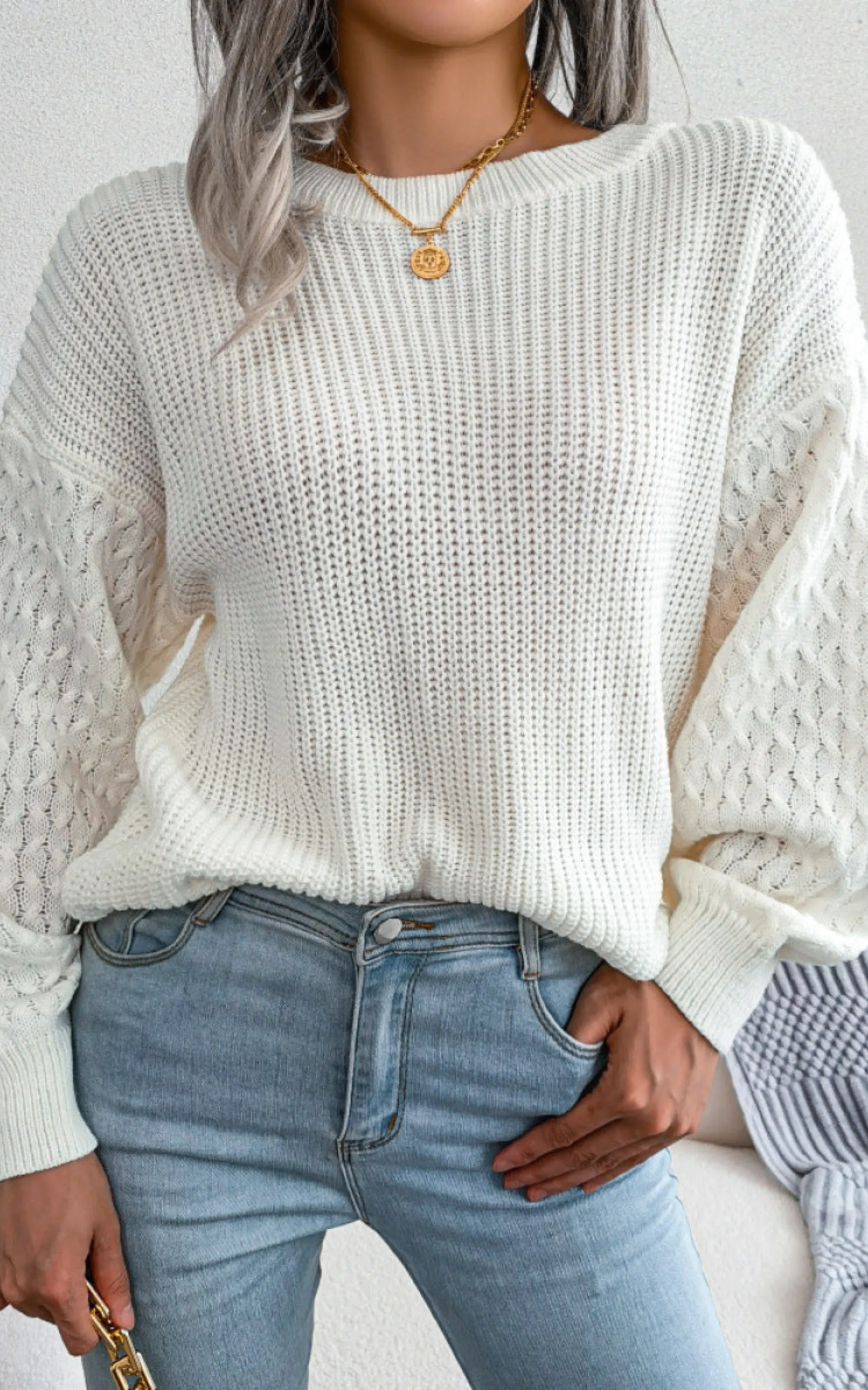 Solid Cable Knit Sleeve Round Neck Sweater