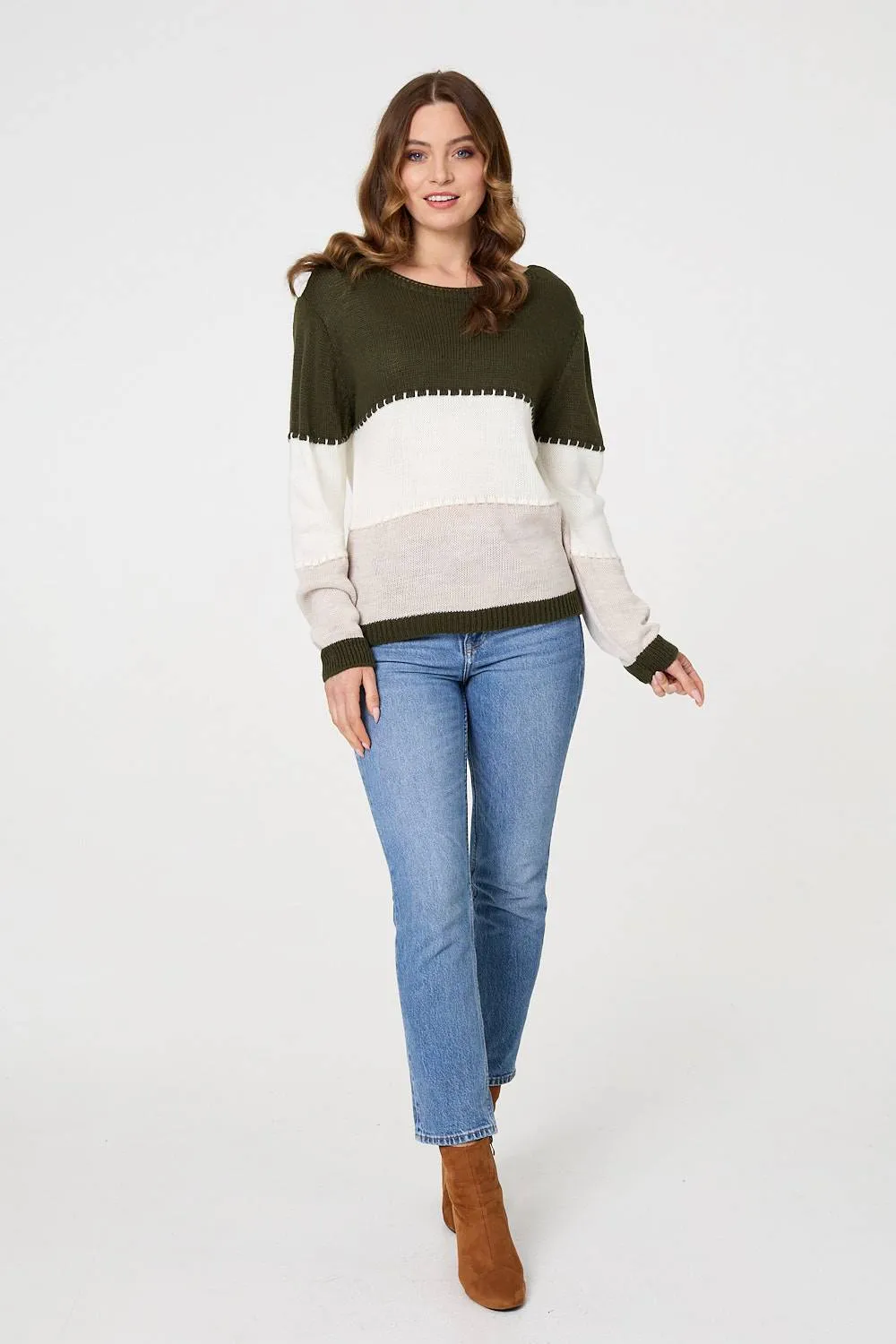 Striped Contrast Stitching Slim Jumper