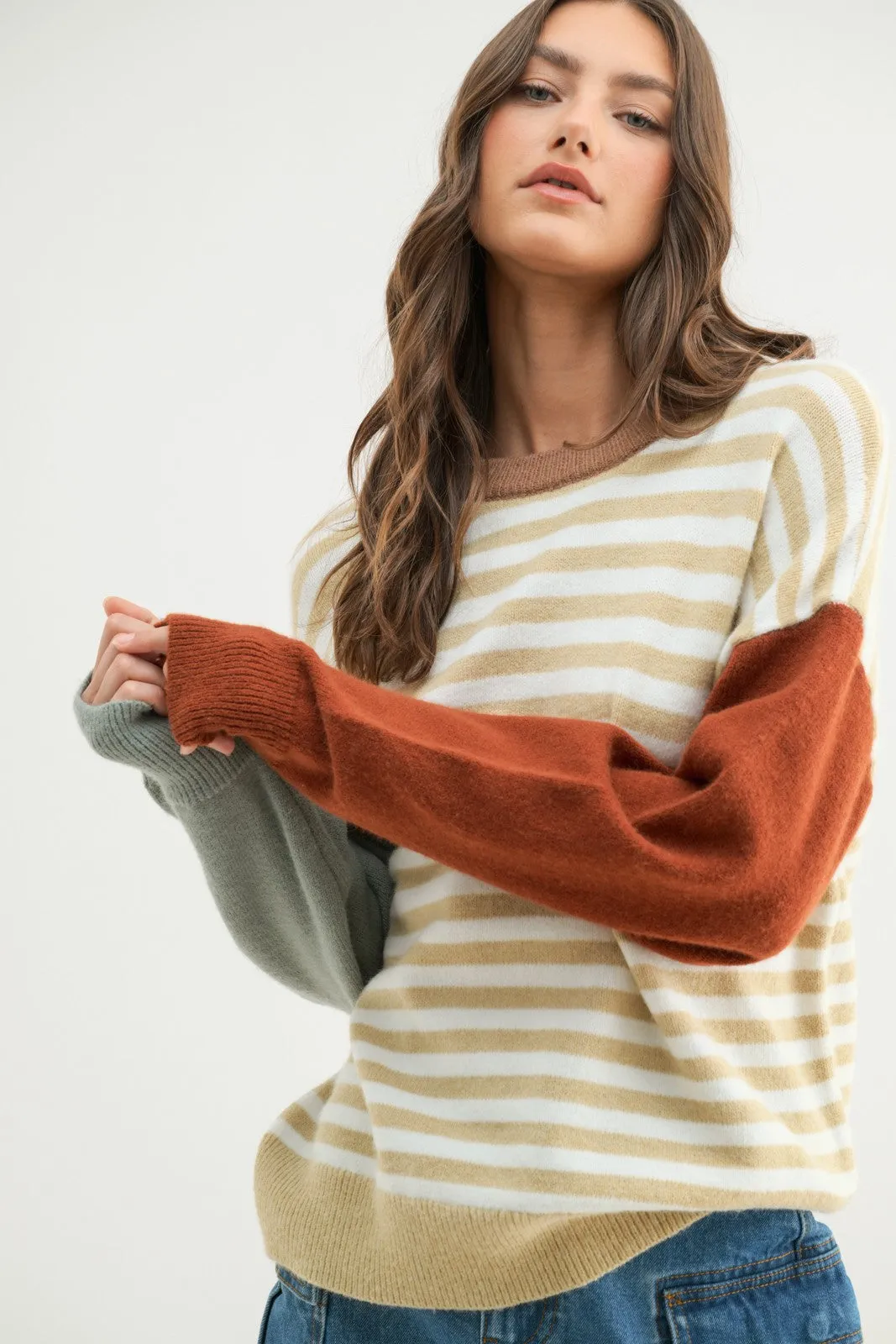 Taupe White Color Block Striped Sweater