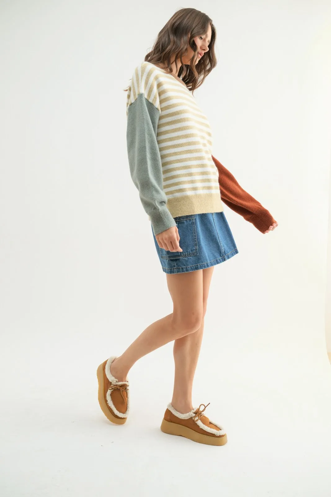 Taupe White Color Block Striped Sweater