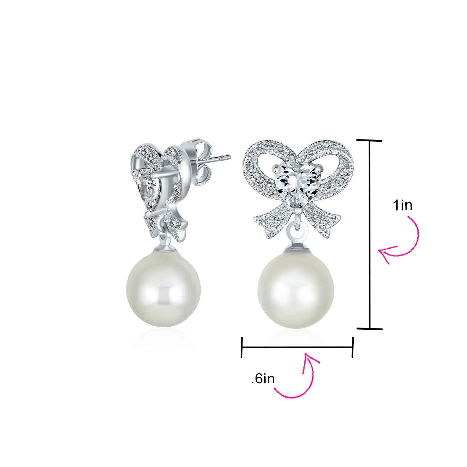 Victorian Dangle Chandelier Earrings with CZ Pearl and Bow Design Silver Plated