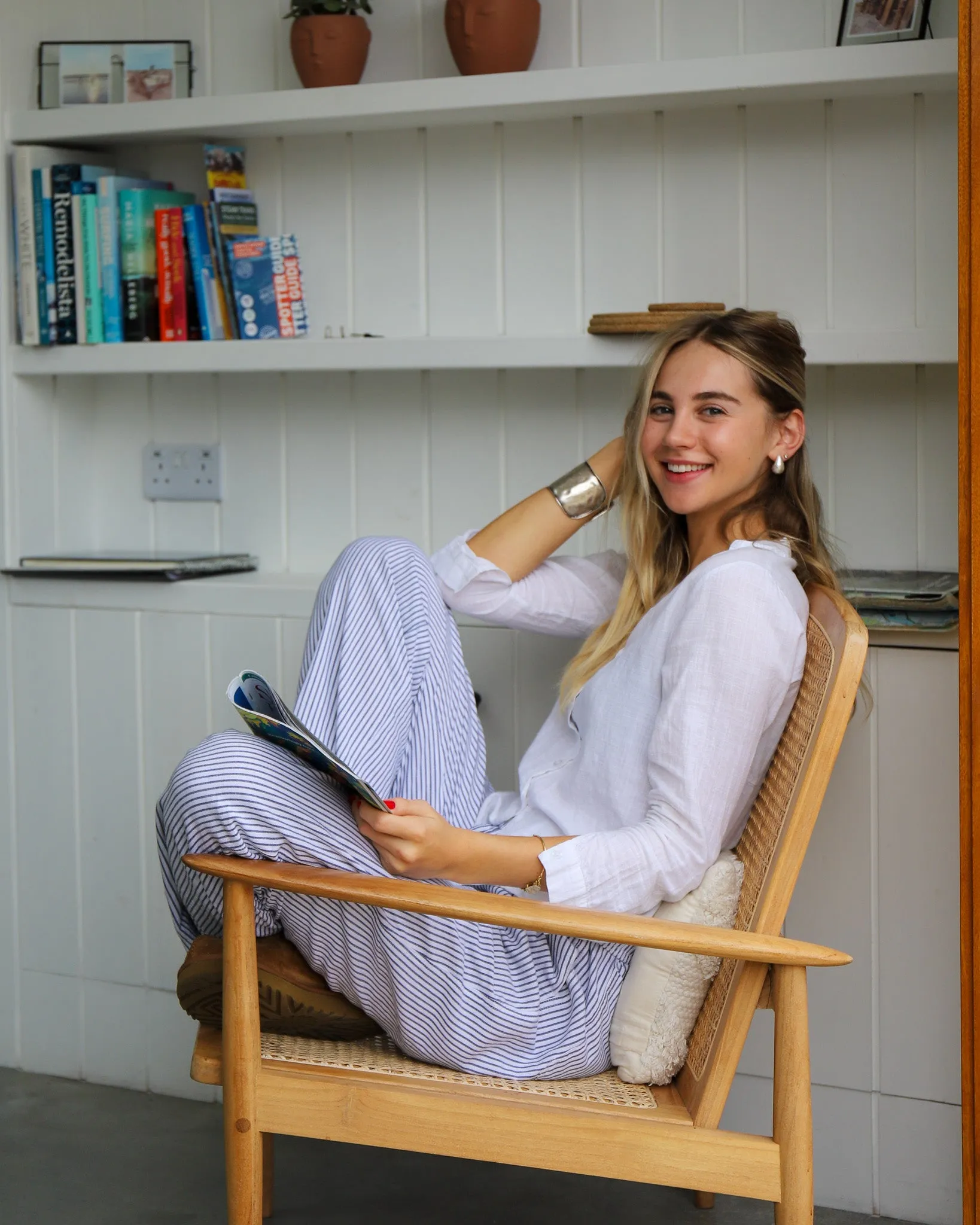 White & Navy Pinstripe Trousers (Pre-Loved)