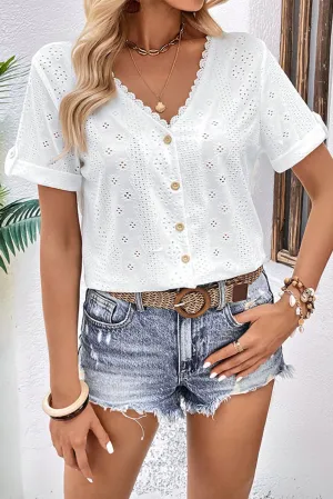 White Reversible V Neck Tab Sleeve Lace Embroidered Blouse