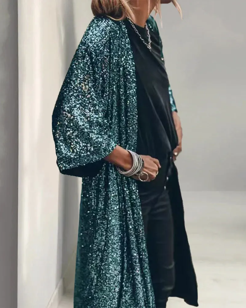 Women 3/4 Sleeve Sequined Kimono Cardigan