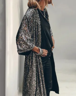 Women 3/4 Sleeve Sequined Kimono Cardigan