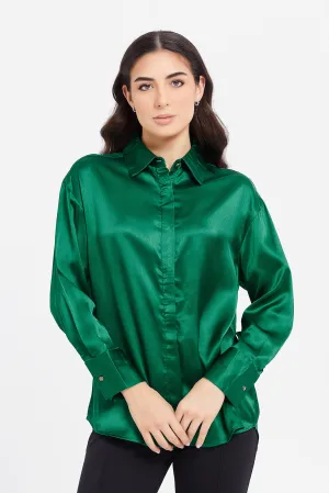 Women Green Oversized Satin Shirt