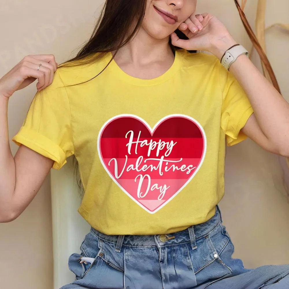 Women Happy Valentine's Day Pink Heart Print Graphic T-shirt