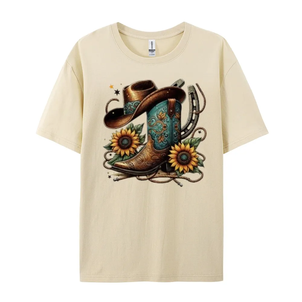 Women Western Cowboy Style Print Graphic T-shirt