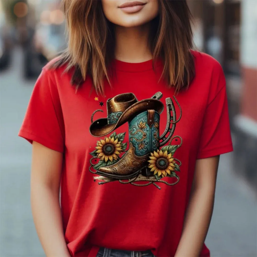 Women Western Cowboy Style Print Graphic T-shirt