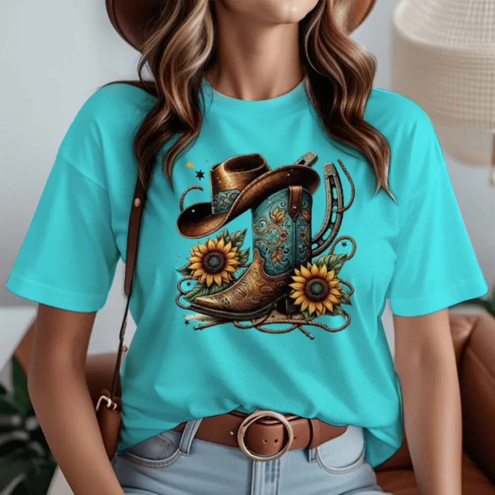 Women Western Cowboy Style Print Graphic T-shirt