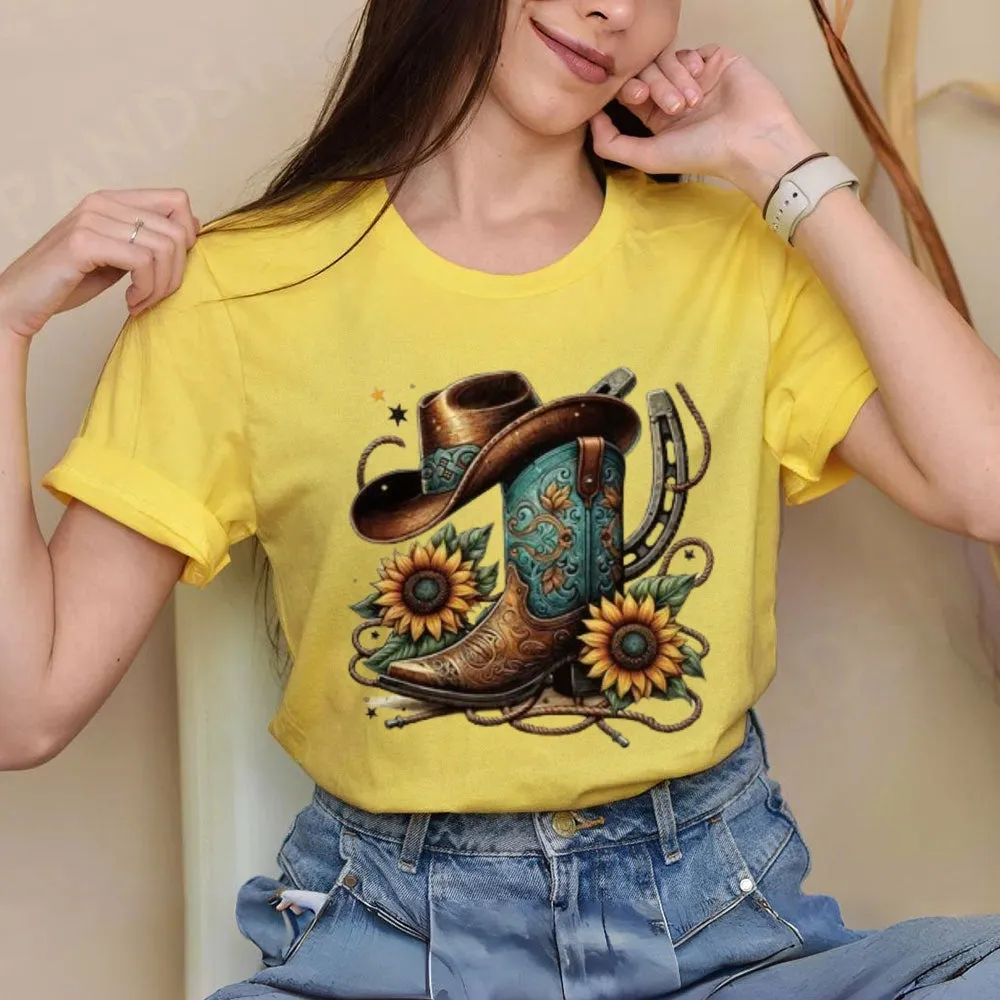 Women Western Cowboy Style Print Graphic T-shirt