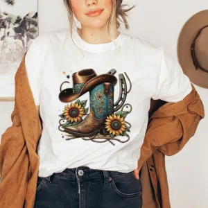 Women Western Cowboy Style Print Graphic T-shirt