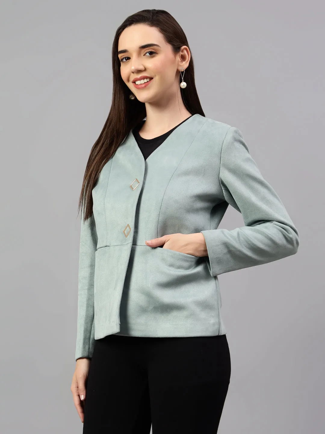 Women's Green Solid Casual Winter Blazer